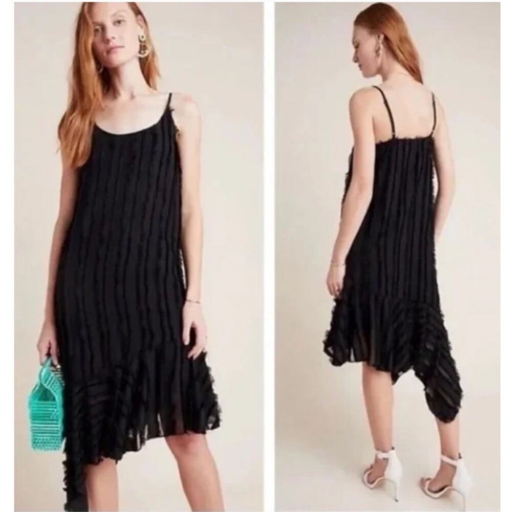 Eri +Ali Dress Womens Size S Black Fringed Asymmetrical Slip Midi Boho Flowy